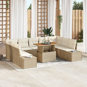 Set da pranzo da giardino 10 pezzi con cuscini beige in polirattan e acacia