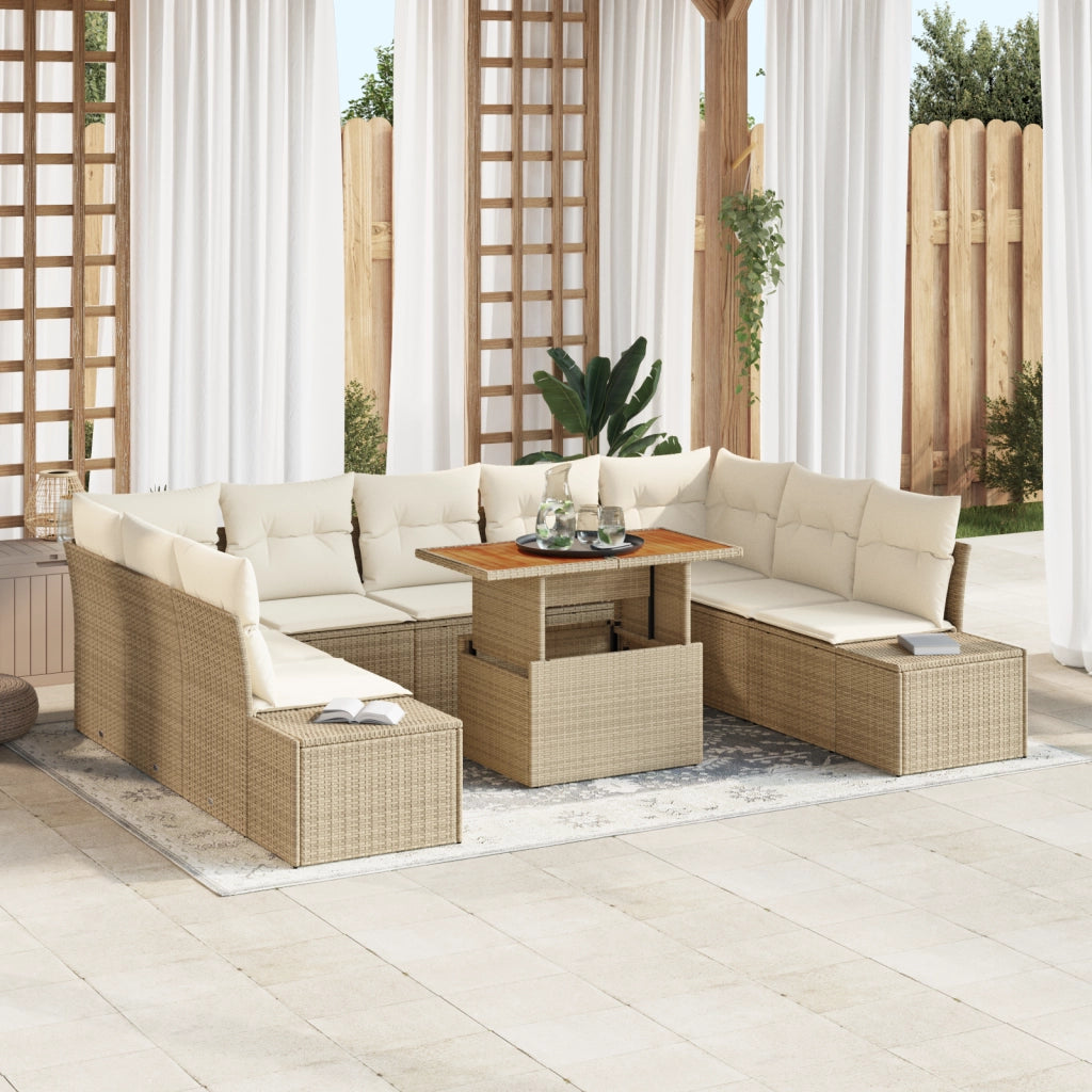 Set da pranzo da giardino 10 pezzi con cuscini beige in polirattan e acacia