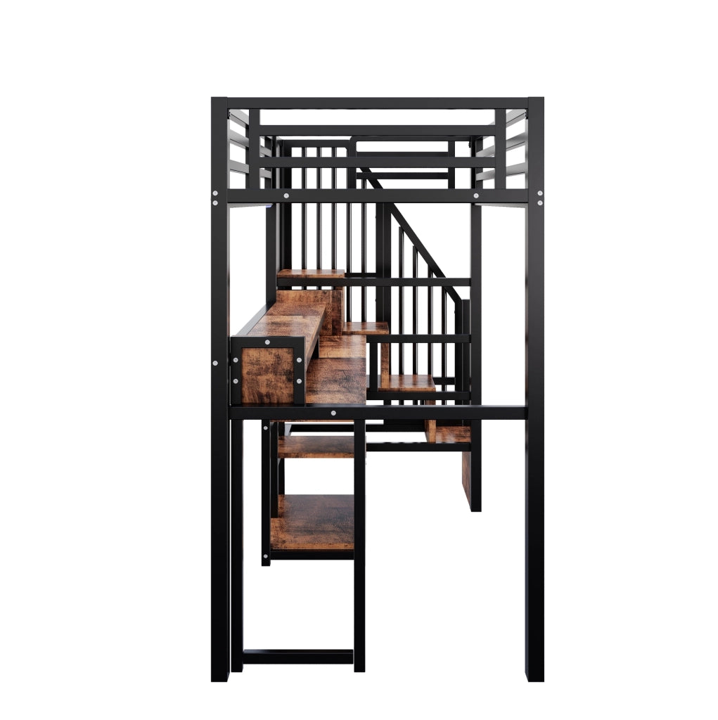 Letto a soppalco nero 90 x 200 cm con LED, USB e armadio a scala