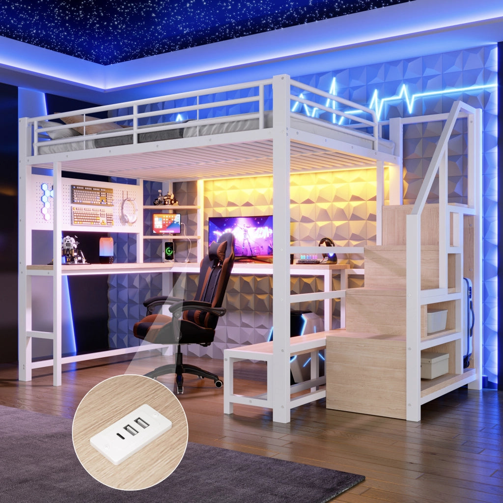 Letto a soppalco in metallo 140x200 cm, letto alto matrimoniale con scrivania, pannello forato, scala contenitore, prese USB/USB-C, ripiani e illuminazione LED, bianco