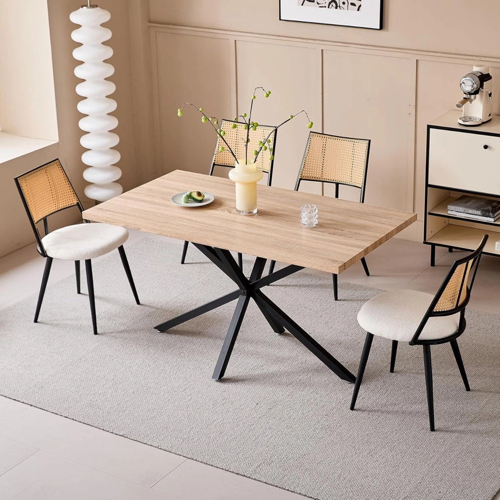 GrandCA HOME Set di 4 Sedie con Seduta Imbottita in Rattan,Struttura in Metallo Nero e Schienale in Rattan Naturale. Adatto a Cucina,Soggiorno, Sala da Pranzo e camera da letto #02