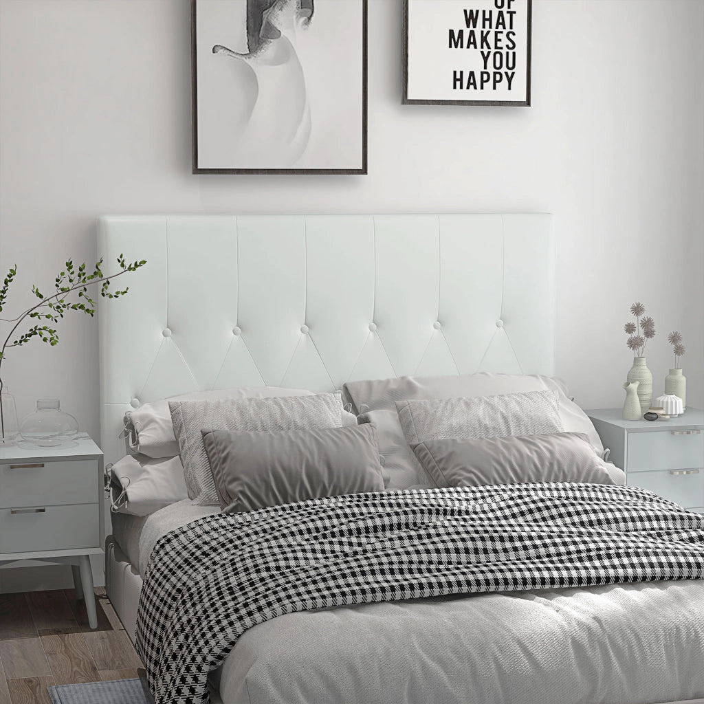 Testiera Letto Matrimoniale Imbottita con Design a Bottoni, in Pelle PU e MDF, 160x7x120 cm, Bianco