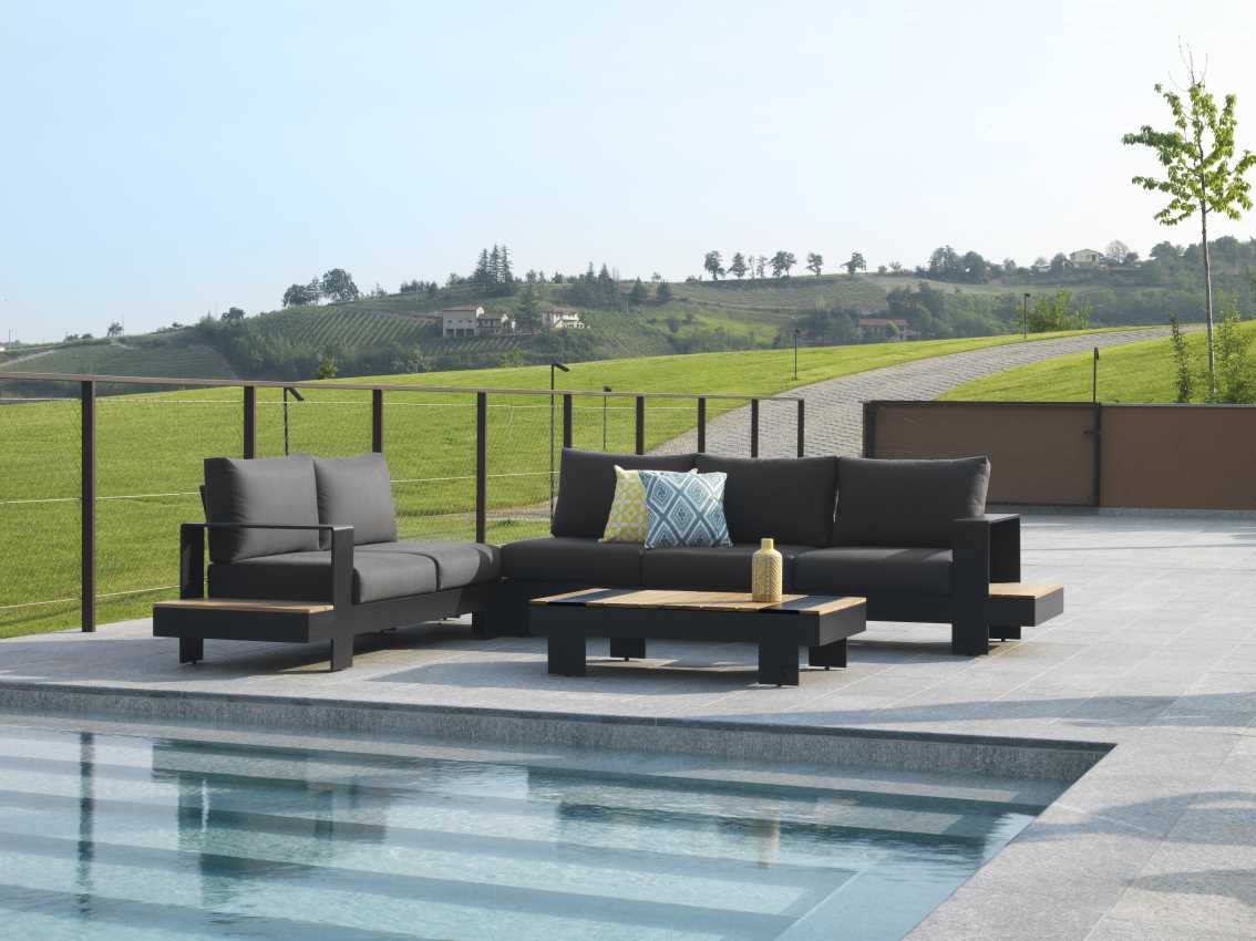 Salotto alluminio Idaho angolare 2+3 posti antracite top tavolo legno