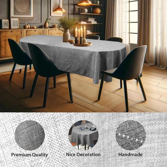 Tavolo ovale con tovaglia, grigio, 155 x 215 cm, tovaglia di tavolo senza pieghe, tovaglia di tavolo elegante grigio in lino, liscio, design tagliato, premium manufatto a mano, look in lino, lavabile