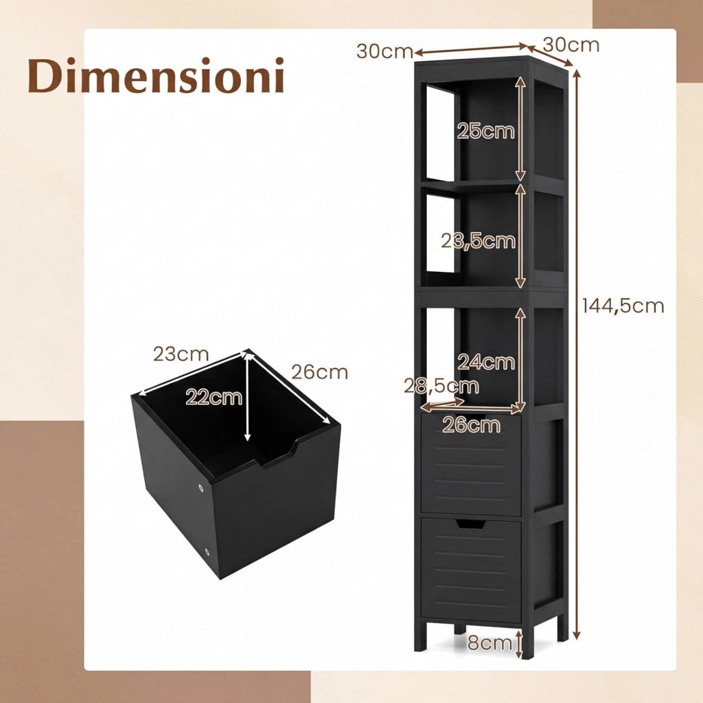 Mobiletto Alto e Stretto Salvaspazio, Mobile da Bagno con 2 Cassetti e 3 Ripiani, Mobiletto in Legno per Camera da Letto, Soggiorno e Ingresso, 30,5 x 30,5 x 145 cm (Nero)