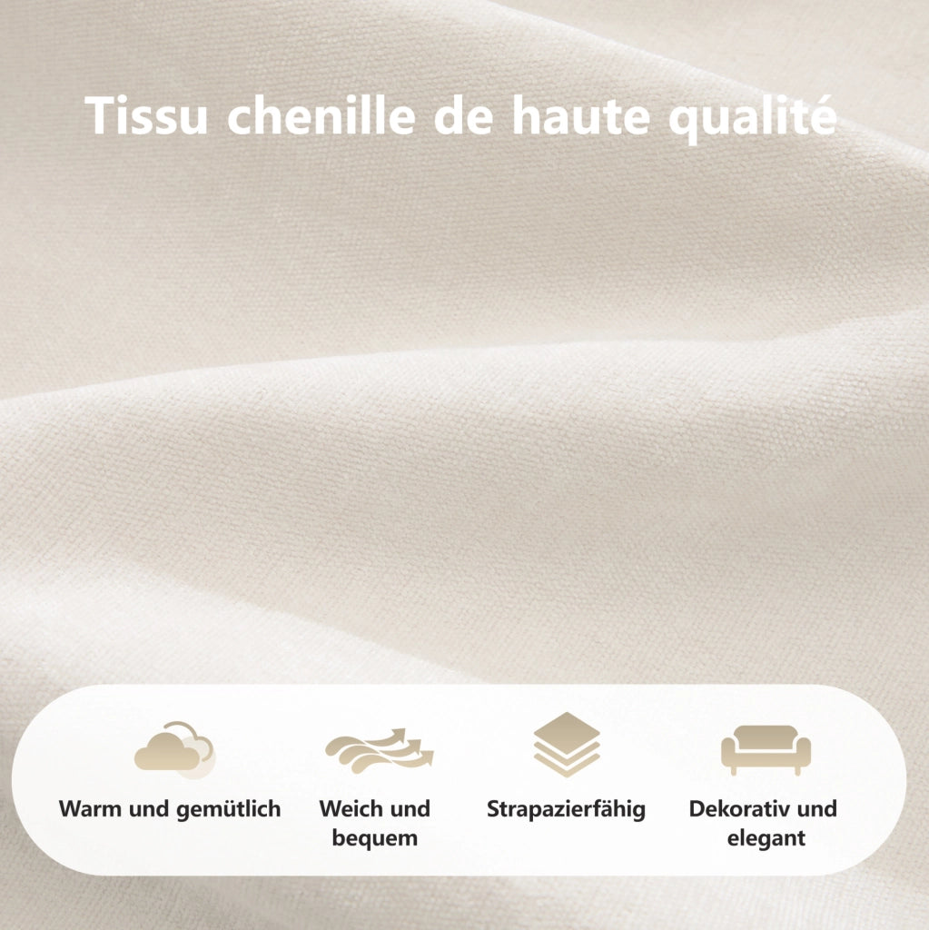 Divano modulare 204x171x76 cm in chenille beige chiaro; design basso e imbottitura in schiuma 32D