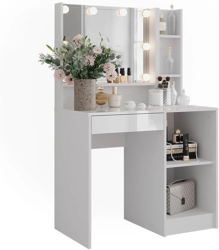 Tavolo da toeletta Sherry, Bianco/bianco lucido, 89.8 cm 4 parti