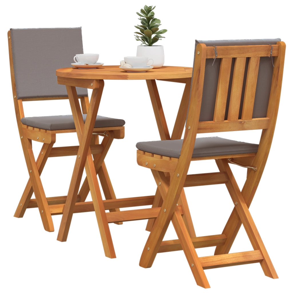Set Bistro Pieghevole da 3 Pezzi con Cuscini in Legno Massiccio di Acacia