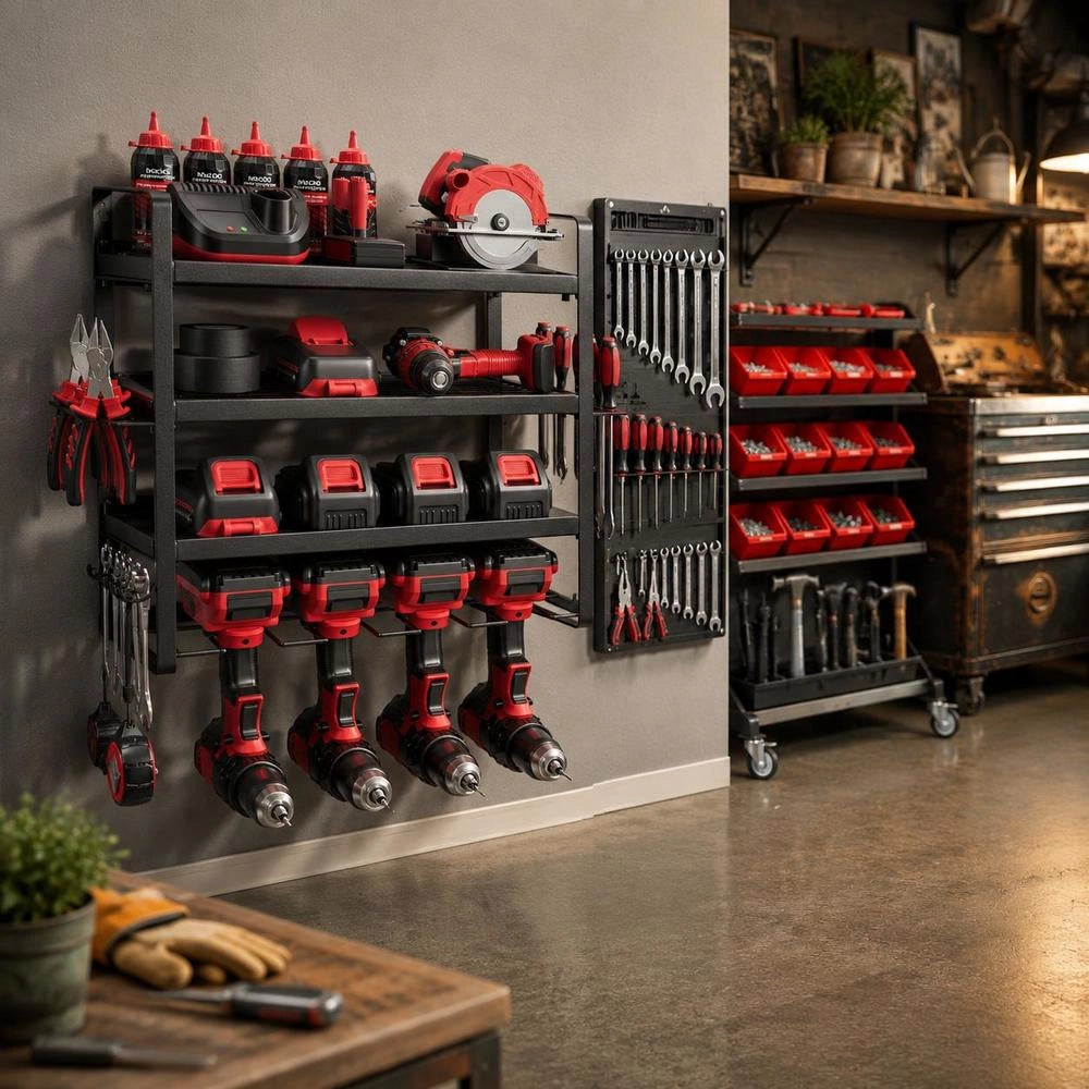 Tool Storage Wall Mount, 4-tier Storage Rack With 4 Drill Bit Holders, Tool Holder With Screwdriver Holder, Garage Tool Organizer For Garage, Workbench & Workshop