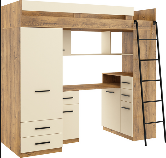 BIM Furniture letto soppalco con scrivania SMYK P cm110x204x188h Rovere scuro Crema