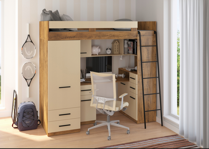 BIM Furniture letto soppalco con scrivania SMYK P cm110x204x188h Rovere scuro Crema