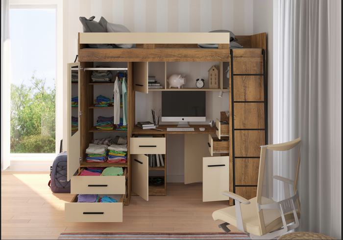 BIM Furniture letto soppalco con scrivania SMYK P cm110x204x188h Rovere scuro Crema