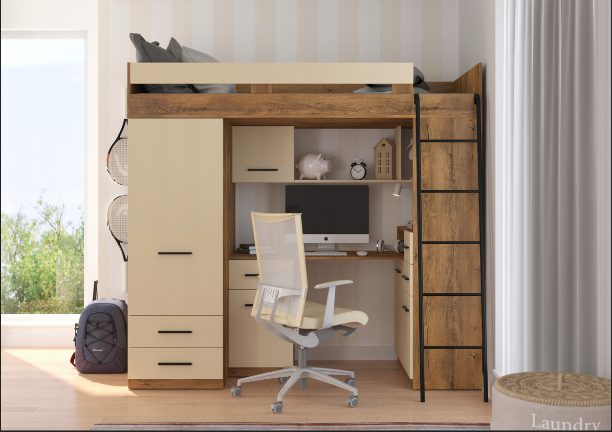 BIM Furniture letto soppalco con scrivania SMYK P cm110x204x188h Rovere scuro Crema