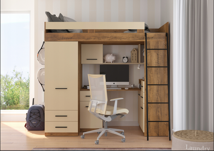 BIM Furniture letto soppalco con scrivania SMYK P cm110x204x188h Rovere scuro Crema