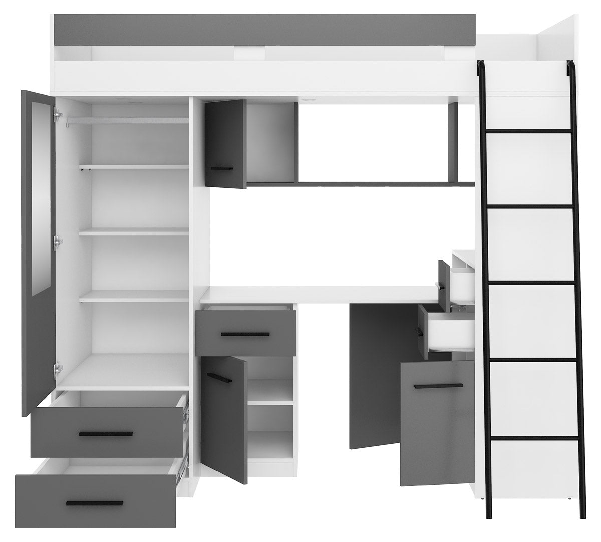BIM Furniture letto soppalco con scrivania SMYK P cm110x204x188h Bianco Grafite