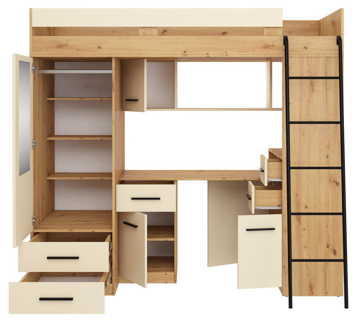 BIM Furniture letto soppalco con scrivania SMYK P cm110x204x188h Rovere chiaro Crema