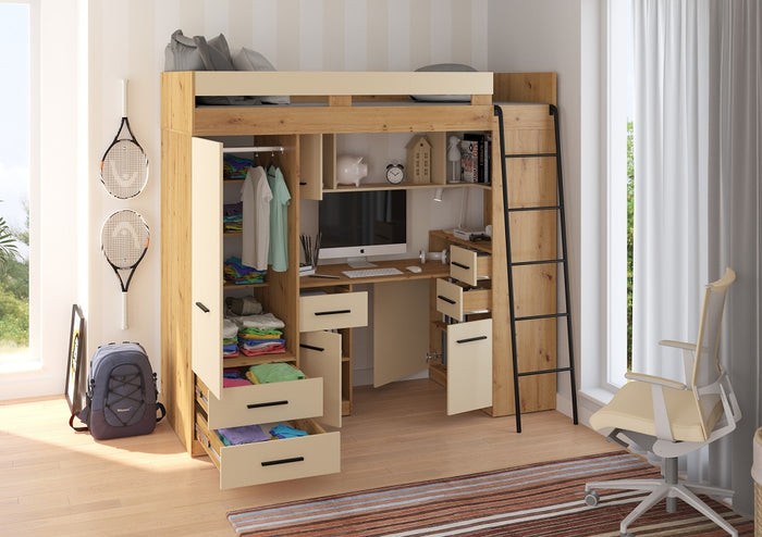 BIM Furniture letto soppalco con scrivania SMYK P cm110x204x188h Rovere chiaro Crema