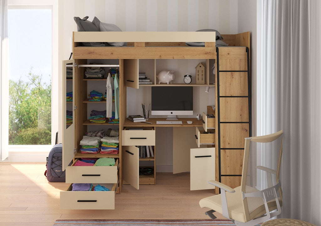 BIM Furniture letto soppalco con scrivania SMYK P cm110x204x188h Rovere chiaro Crema