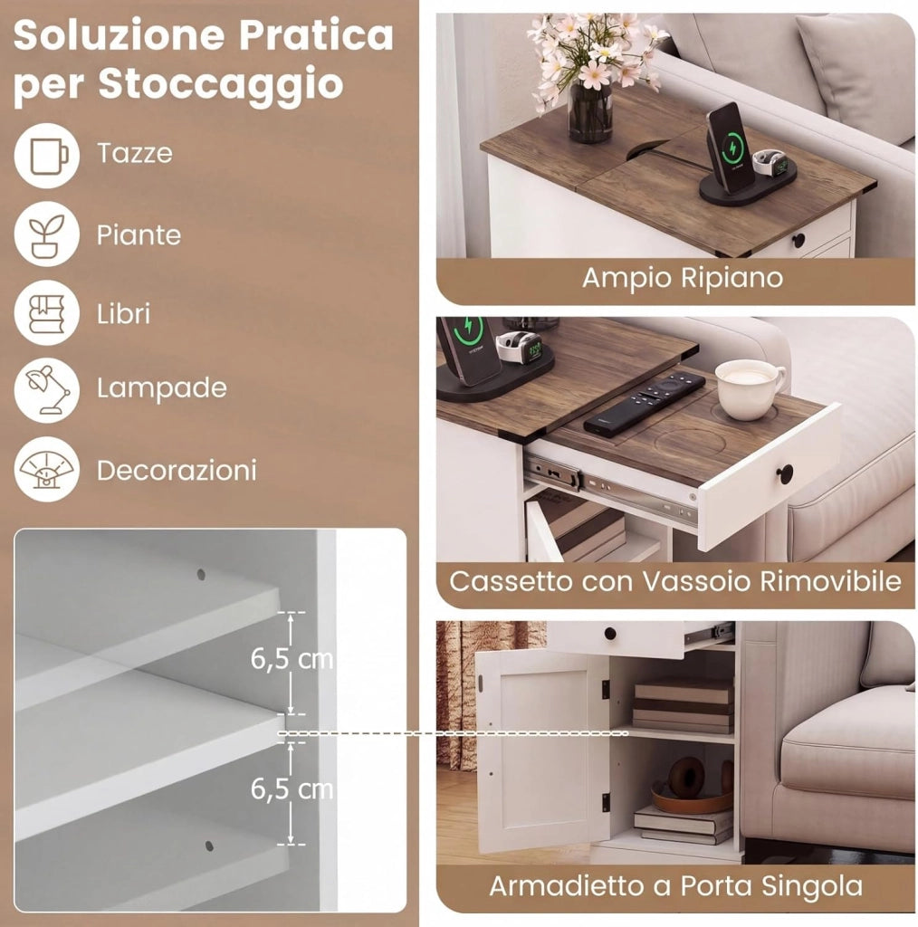 Tavolino da Salotto, Tavolino con Stazione di Ricarica, Coperchio a Ribalta, Cassetto, Vassoio Rimovibile e Armadio, Mobile Versatile in Legno da Letto e Divano (Bianco)