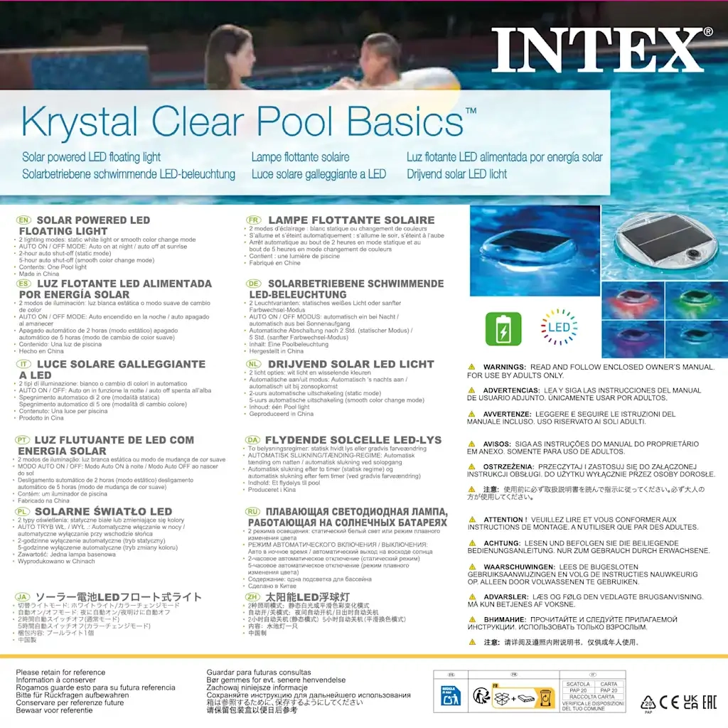 INTEX Luce Galleggiante a LED ad Energia Solare per Piscina 92565
