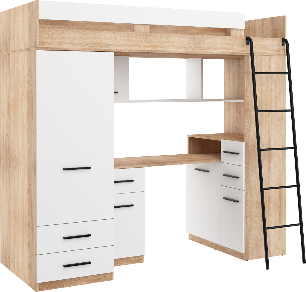 BIM Furniture letto soppalco con scrivania SMYK P cm110x204x188h Rovere chiaro Bianco