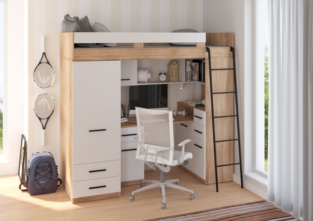 BIM Furniture letto soppalco con scrivania SMYK P cm110x204x188h Rovere chiaro Bianco