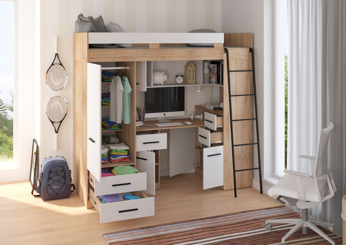 BIM Furniture letto soppalco con scrivania SMYK P cm110x204x188h Rovere chiaro Bianco