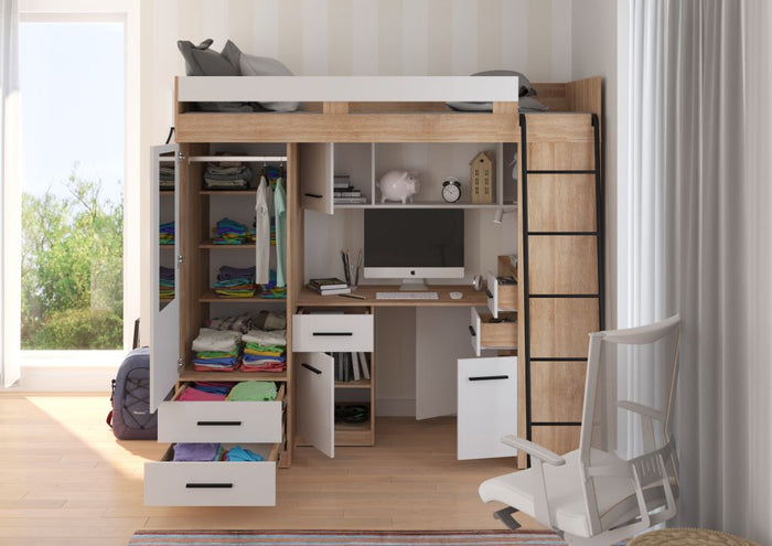 BIM Furniture letto soppalco con scrivania SMYK P cm110x204x188h Rovere chiaro Bianco