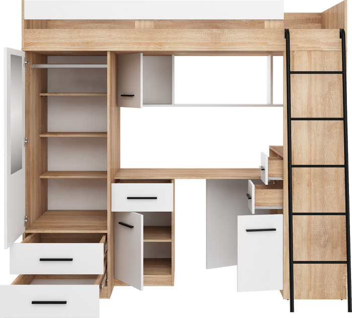 BIM Furniture letto soppalco con scrivania SMYK P cm110x204x188h Rovere chiaro Bianco