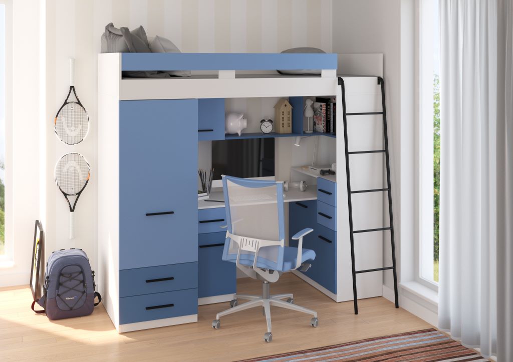 BIM Furniture letto soppalco con scrivania SMYK P cm 110x204x188h Bianco Blu