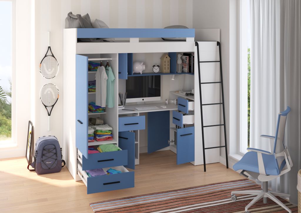 BIM Furniture letto soppalco con scrivania SMYK P cm 110x204x188h Bianco Blu