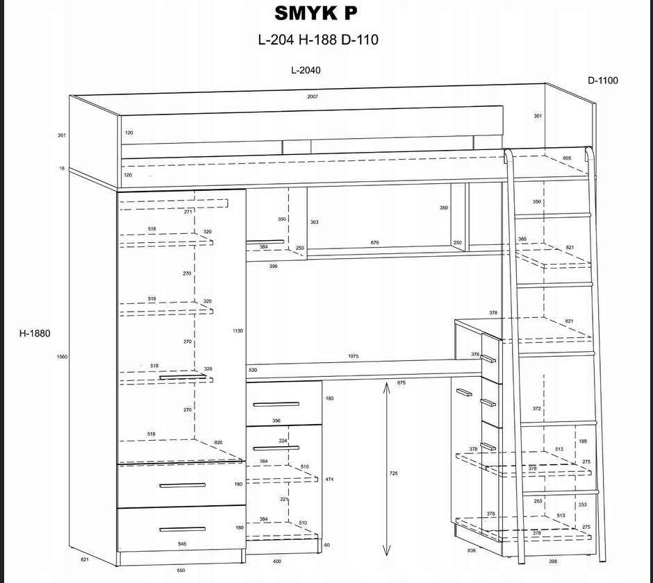 BIM Furniture letto soppalco con scrivania SMYK P cm 110x204x188h Bianco Blu