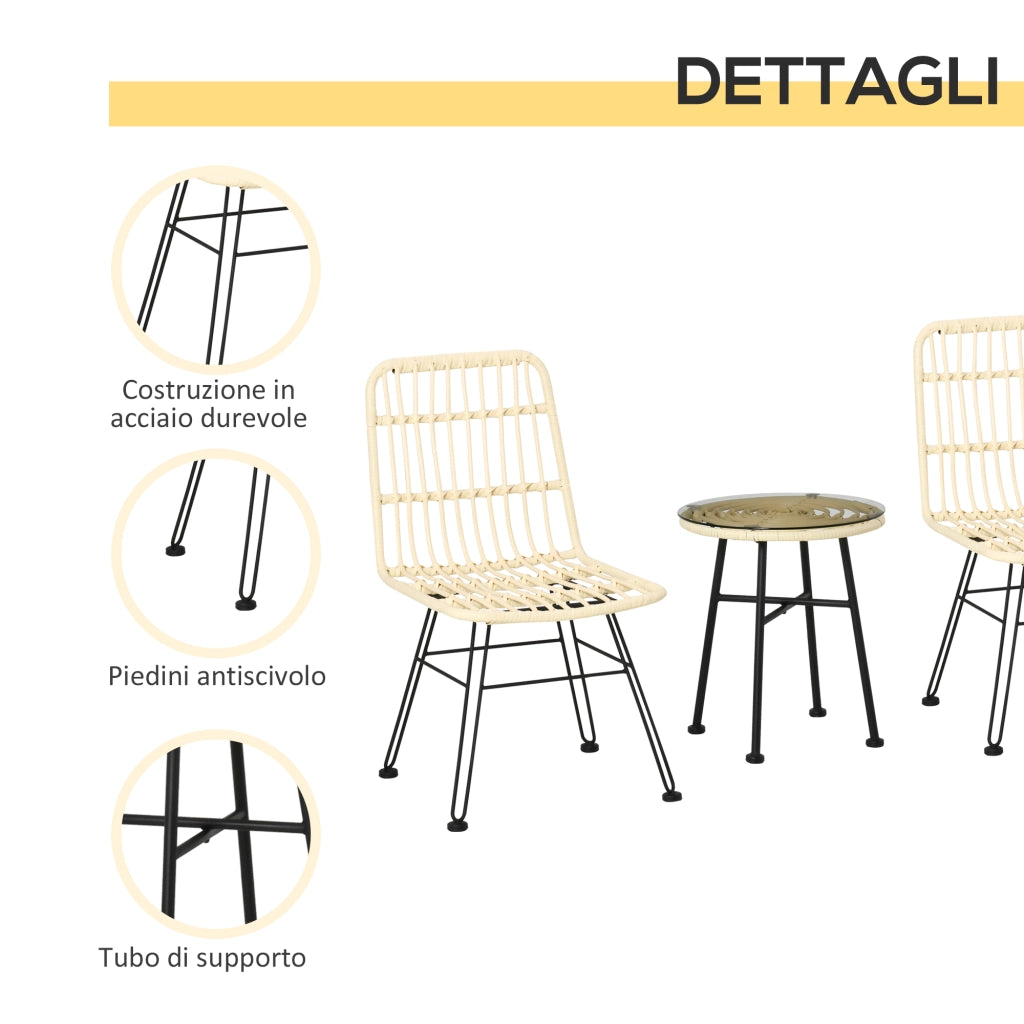 Set tavolo da pranzo e sedie da giardino ¨C Minimal ¨C crema, vetro, rattan PE, acciaio