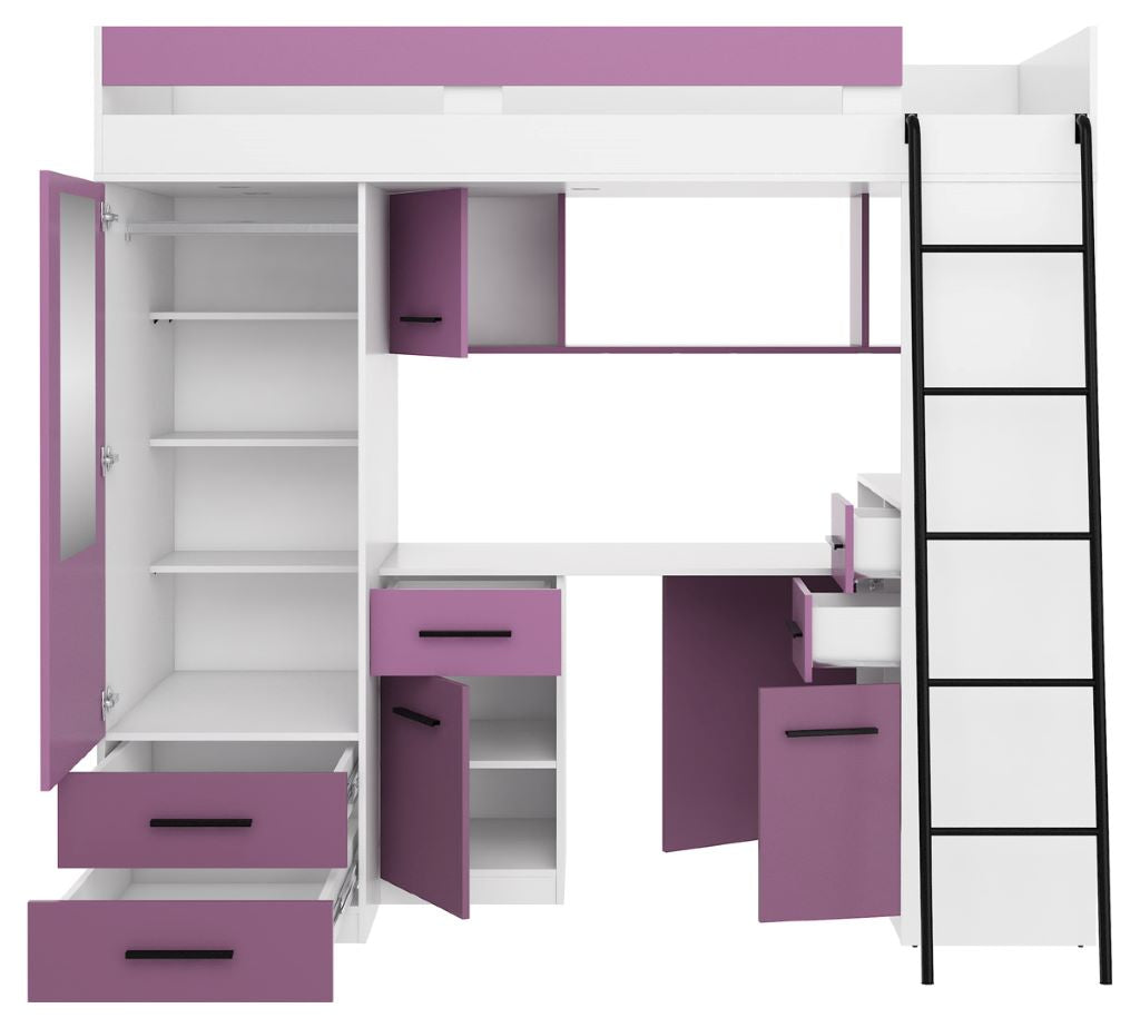 BIM Furniture letto soppalco con scrivania SMYK P cm 110x204x188h Bianco Lavanda