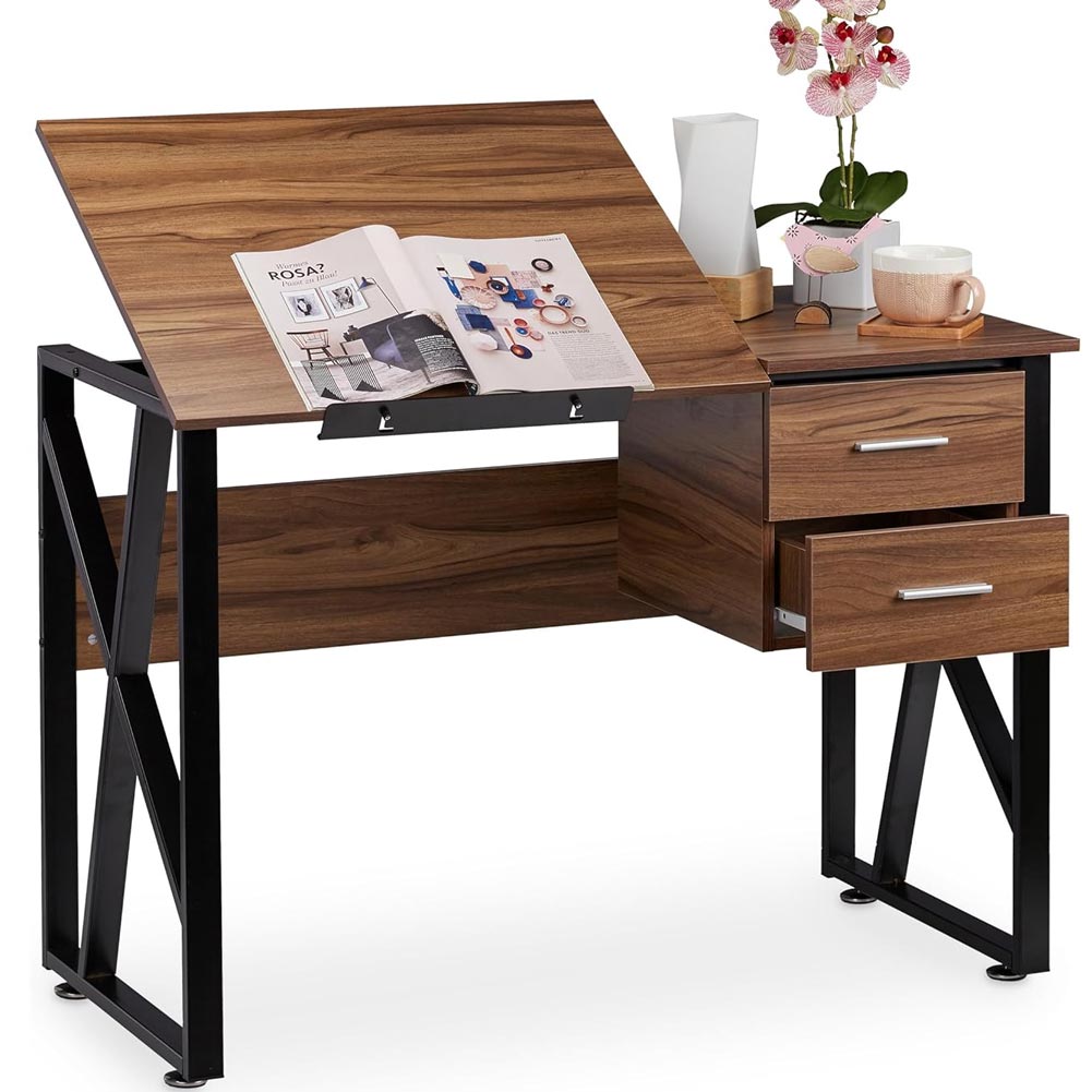 Scrivania Piano Reclinabile Cassettiera 2 Cassetti Tavolo Porta PC Computer Noce