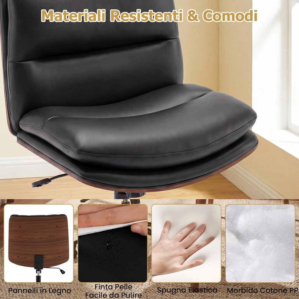 Sedia Ufficio Girevole con Ruote, Sedile Curvo, Schienale Reclinabile, Poltrona Scrivania con Altezza Regolabile, per Lavoro, Studio, Relax, Portata 110 kg (Nero)