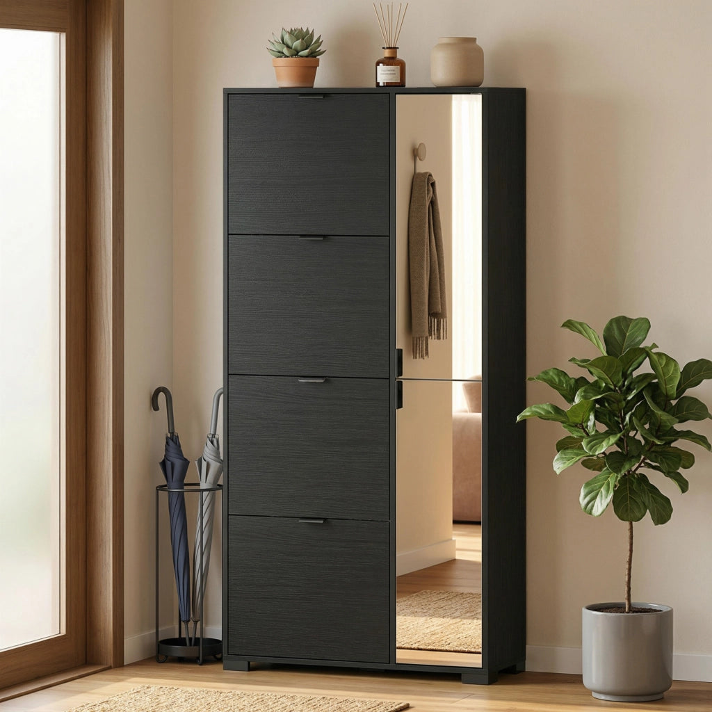 Scarpiera Moderna con Specchio. 4 Cassetti a Ribalta. Capacit¨¤ Fino 16 Paia di Scarpe. Nero