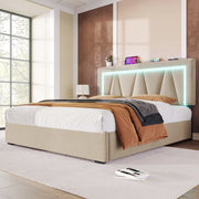 Letto matrimoniale imbottito 140x200 cm con contenitore; LED; USB e Type-C; in lino beige
