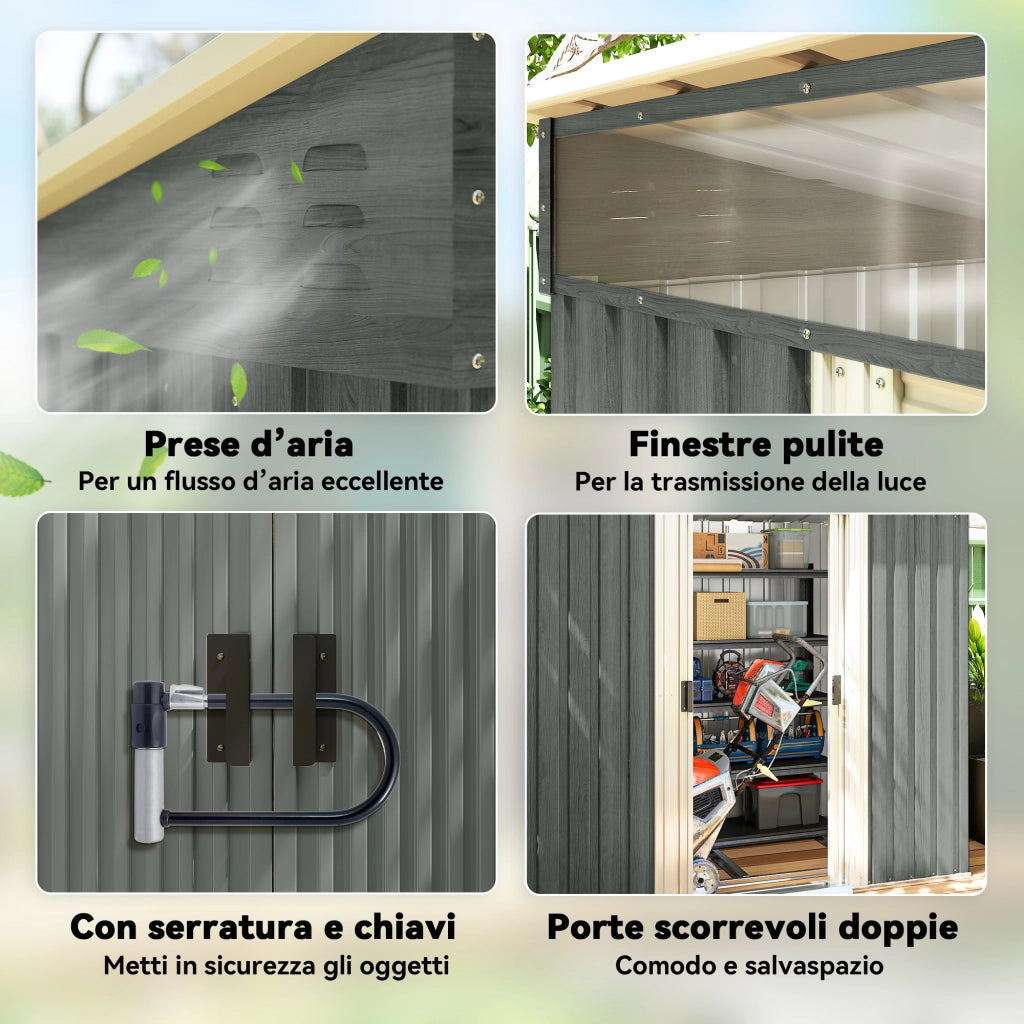 Casetta Box da Giardino 195x122x181,5 cm con Porte Scorrevoli e Pavimentazione in Acciaio Grigio Chiaro
