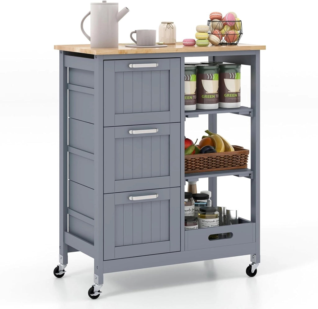 Carrello da Cucina con Ruote, Credenza Cucina con 4 Ripiani e 3 Cassetti, in Legno, Ideale per Cucina Ristorante e Bar, 67 x 37 x 83,5 cm (Bianco)