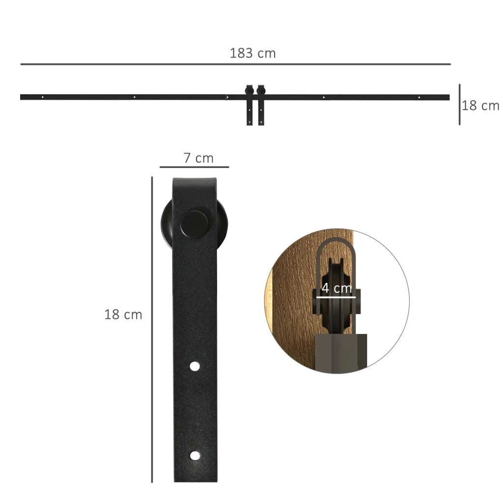 Sistema per porte scorrevoli singole, binario con accessori, acciaio al carbonio, nero, 183x0,6x18 cm