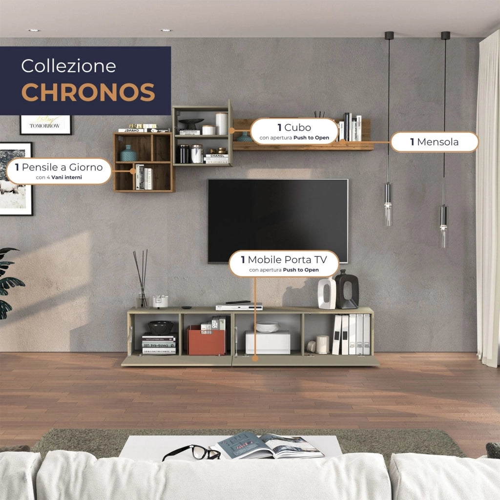 WHOUS Parete attrezzata Chronos set soggiorno Tortora Opaco e Rovere 180/260x40 cm