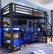 Letto a soppalco 90 x 200 cm in metallo nero con scrivania, LED, USB e contenitori