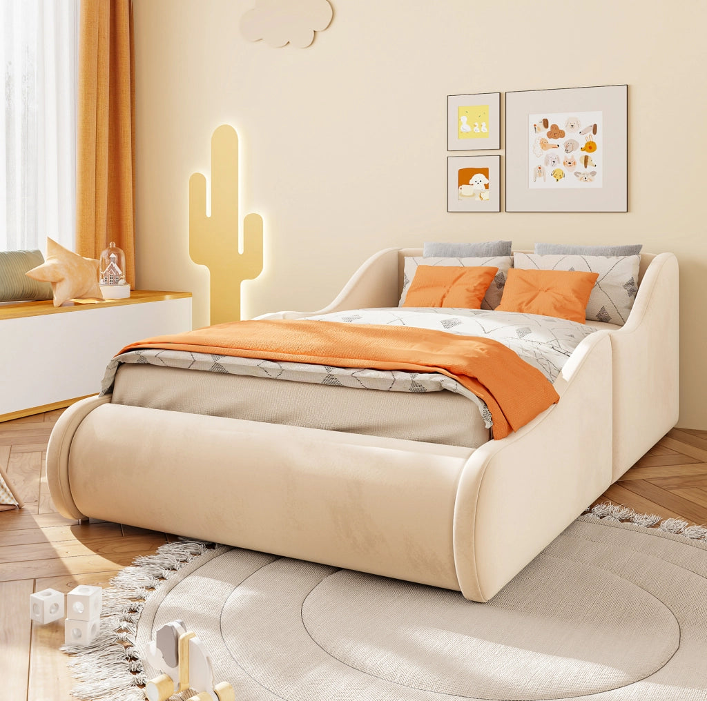 Letto singolo imbottito per bambini 90x200 cm in velluto beige con sponde laterali