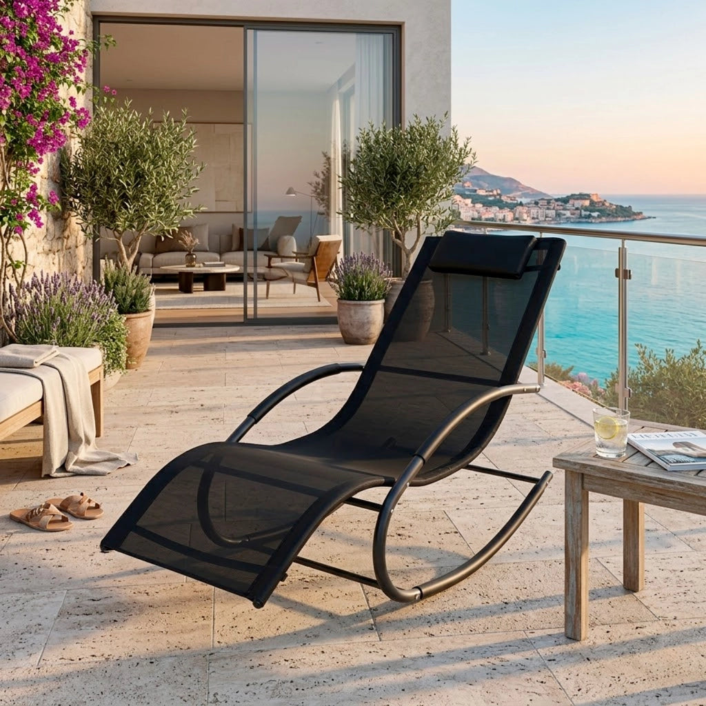 Sedia Basculante Da Giardino Ergonomica Con Poggiatesta Imbottito Poltrona Relax A Dondolo Per Terrazzo Patio Piscina 160x65x90 Cm Nero
