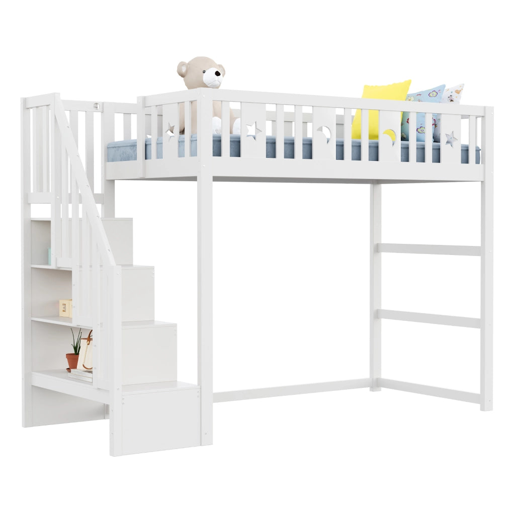 Letto a soppalco per bambini con scala, ripiani e decorazioni luna e stelle