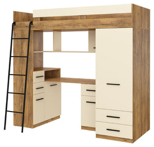 BIM Furniture letto soppalco con scrivania SMYK L cm110x204x188h Rovere scuro Crema