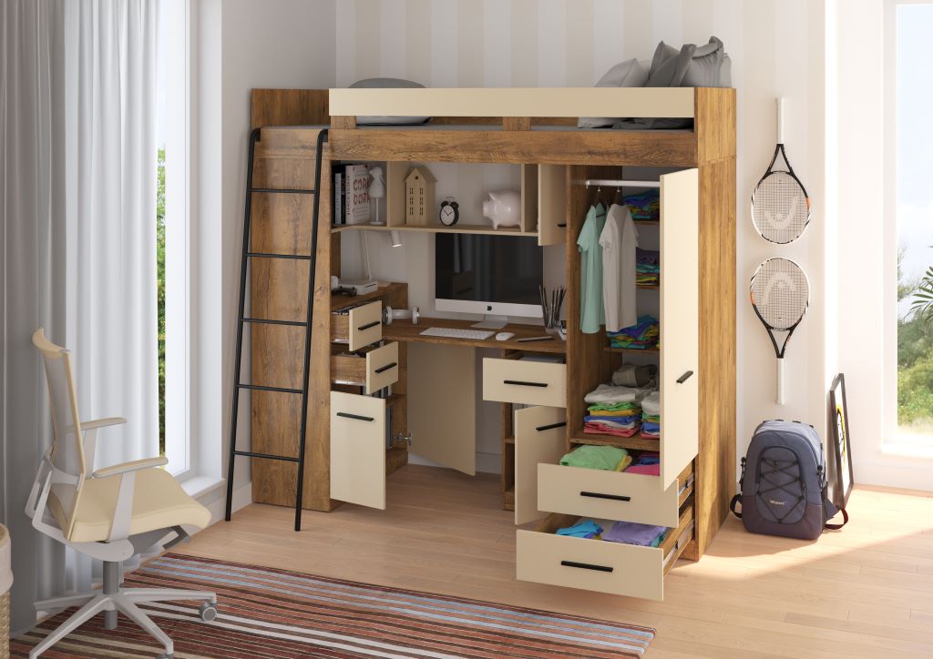 BIM Furniture letto soppalco con scrivania SMYK L cm110x204x188h Rovere scuro Crema