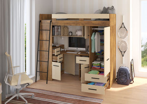 BIM Furniture letto soppalco con scrivania SMYK L cm110x204x188h Rovere scuro Crema