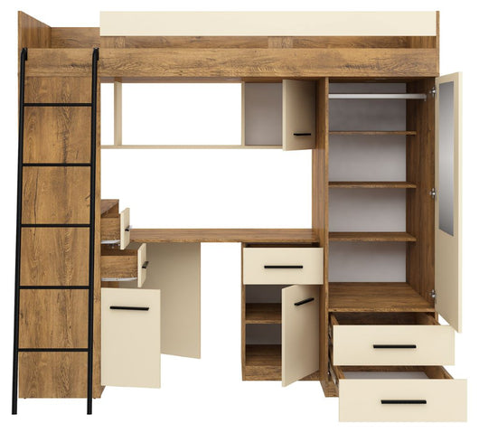 BIM Furniture letto soppalco con scrivania SMYK L cm110x204x188h Rovere scuro Crema